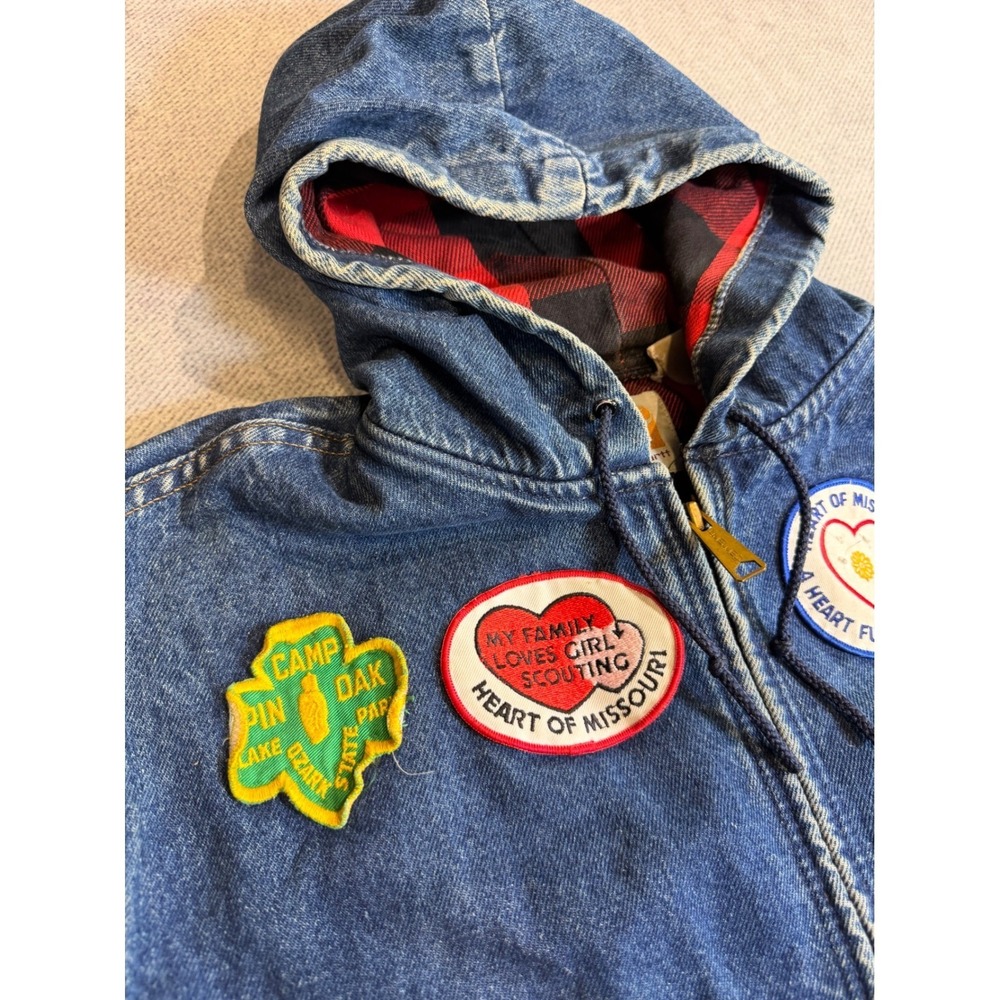 Vintage Carhartt Denim Jacket Flannel Lined Girl Scouts Patches Blue Hoodie - Picture 2 of 8